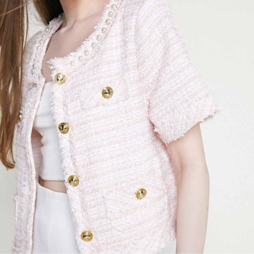 Pink Faux Pearl Decor Button Front Tweed Jacket